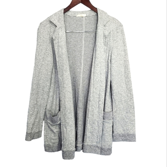 EILEEN FISHER Organic Cotton Nylon Contrast stripe heathered pocket Cardigan M - Picture 1 of 4
